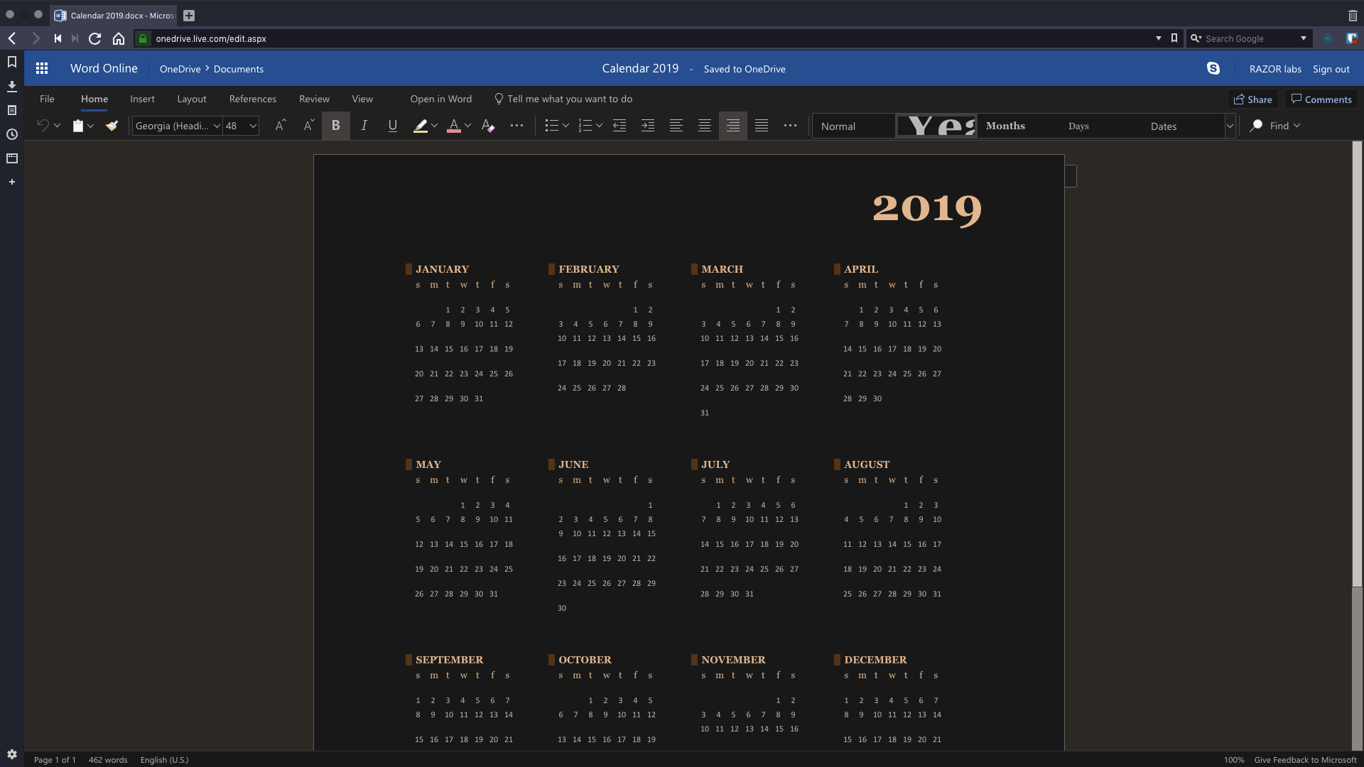 Calendar 2019.docx – Microsoft Word Online – Vivaldi 2019-01-14 12-57-04