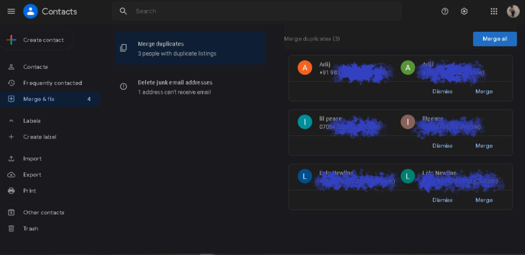 Google Contacts dark mode PC