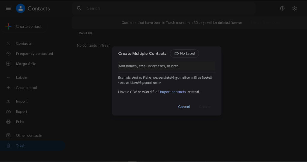 Google Contacts dark mode PC