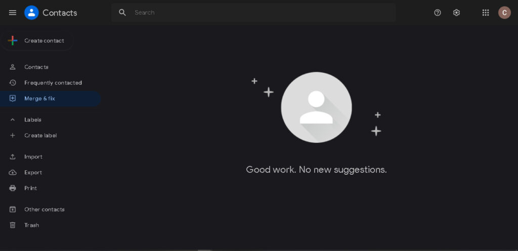 Google Contacts dark mode PC