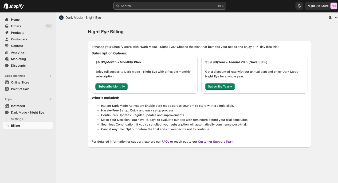 Shopify Night Eye Dark Mode Plans