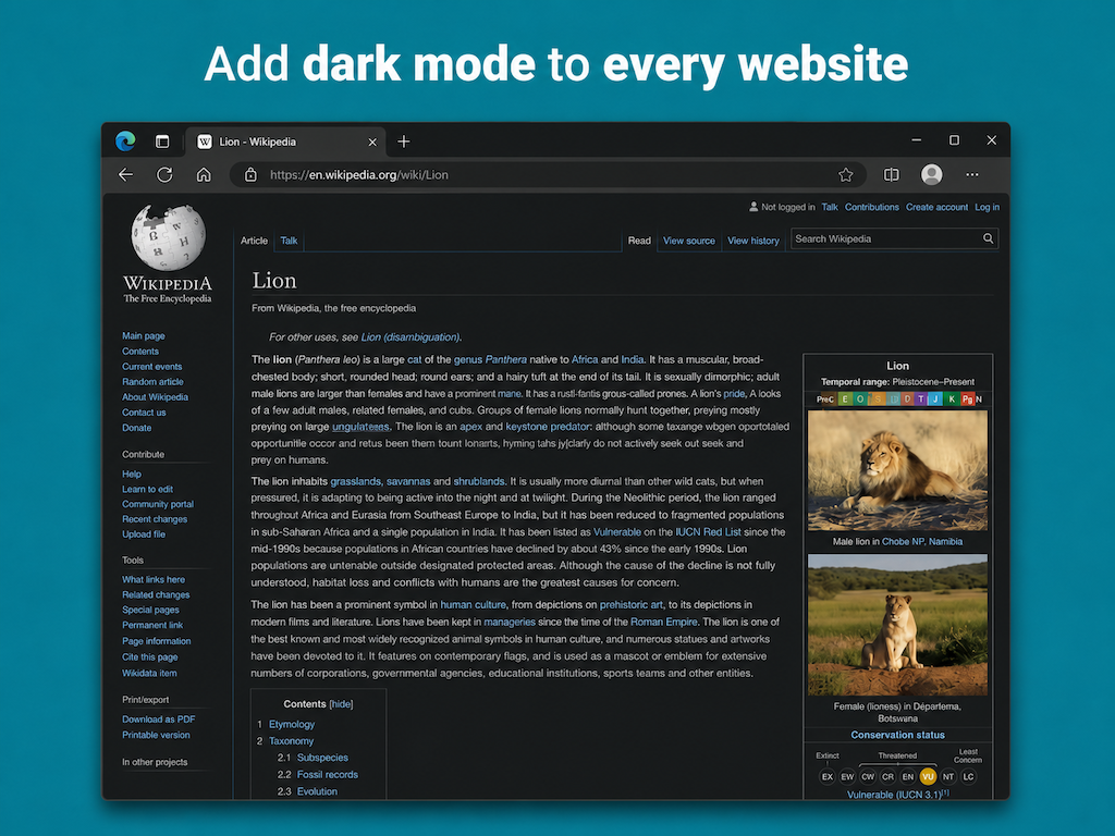 Night Eye dark mode extension running in Microsoft Edge