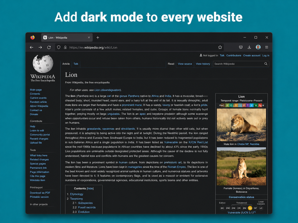 Night Eye dark mode extension running in Mozilla Firefox