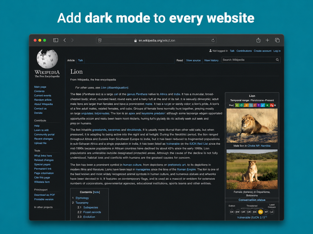 Night Eye dark mode extension running in Safari on macOS and iOS