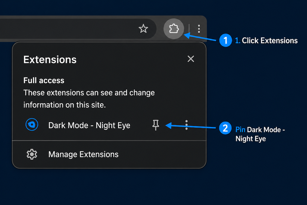 Open and pin the Night Eye extension in the browser toolbar