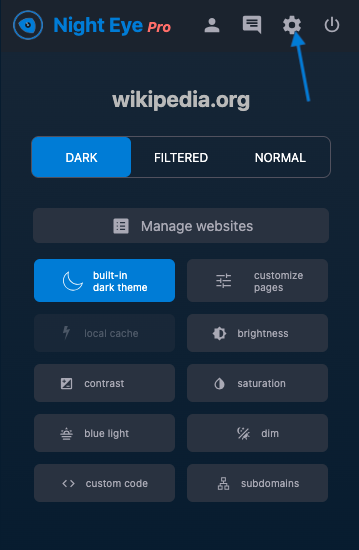 Night Eye click on settings button